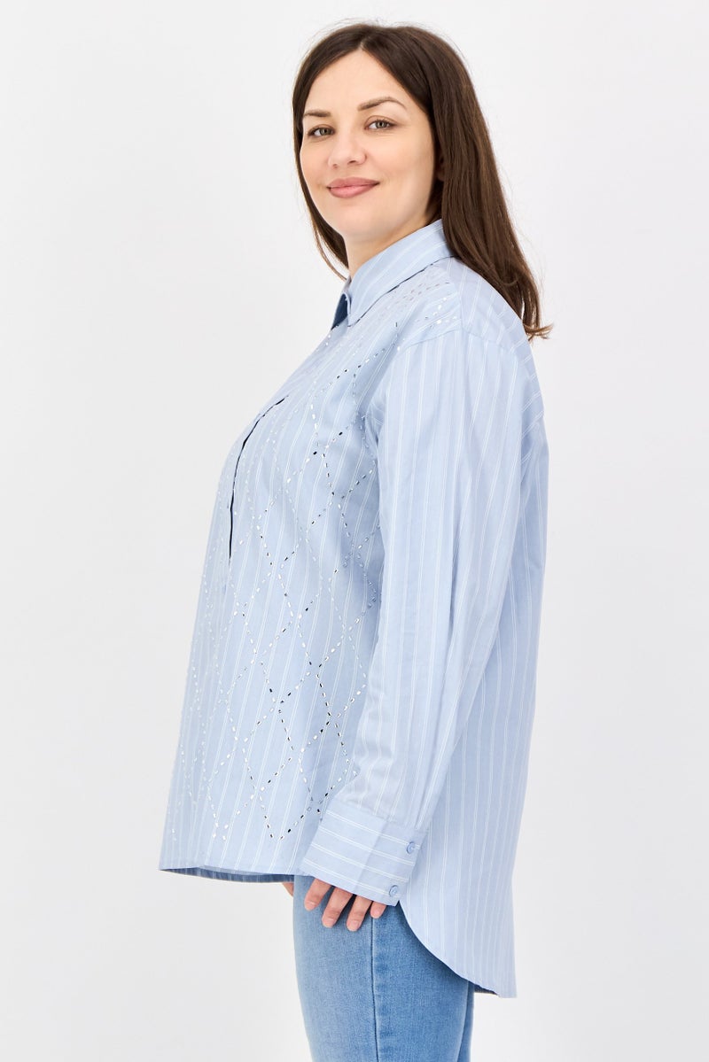 bebe Women Spread Collar Long Sleeve Embellished Shirt, Light Blue - Image 2